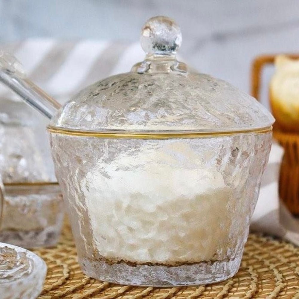 Azucarero de Cristal de Plomo Martillado con Cuchara y Borde Dorado 10cm