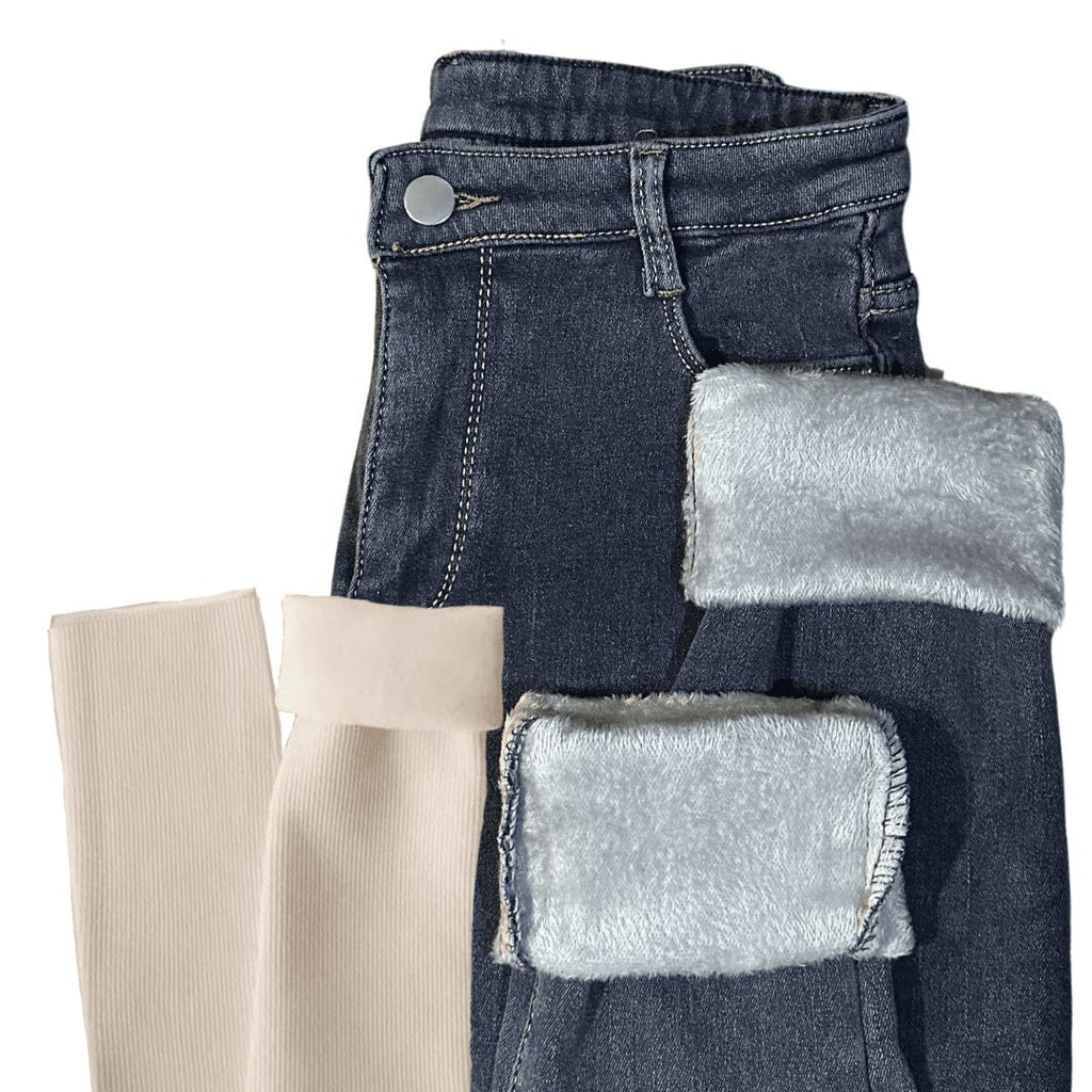 Pantalón Jeans Femenino con Elastano Forrado Forglows + Medias Térmicas