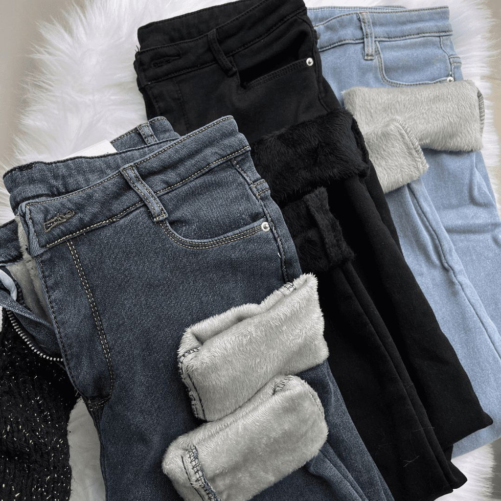Pantalón Jeans Femenino con Elastano Forrado Forglows + Medias Térmicas
