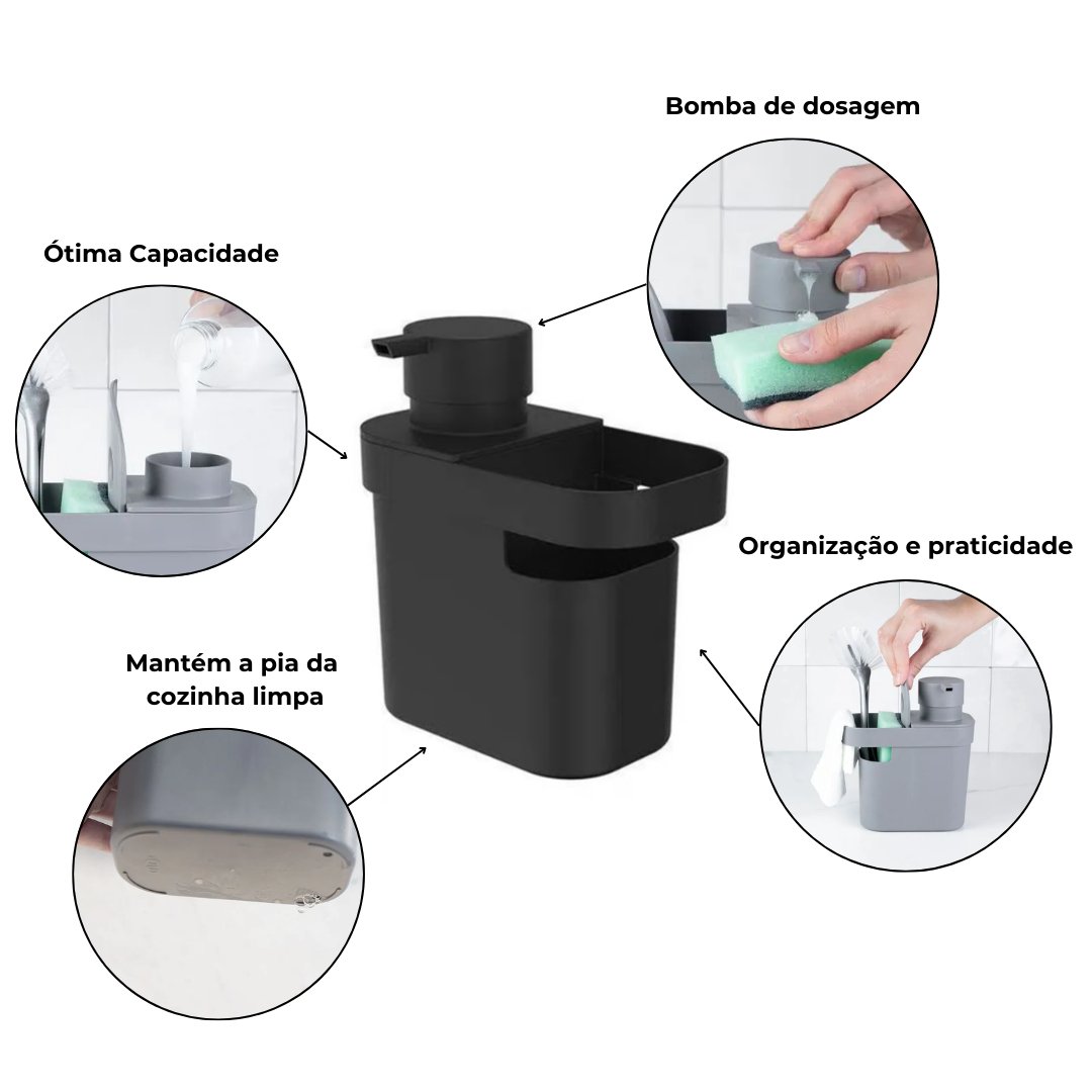 Dispensador de Detergente y Organizador de Fregadero Negro 650 Ml