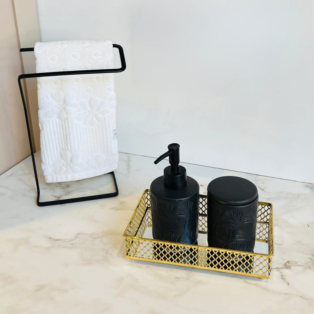 Set de Baño de Cerámica Negra con Diseño de Hojas, 2 Piezas