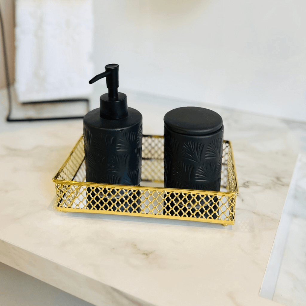 Set de Baño de Cerámica Negra con Diseño de Hojas, 2 Piezas