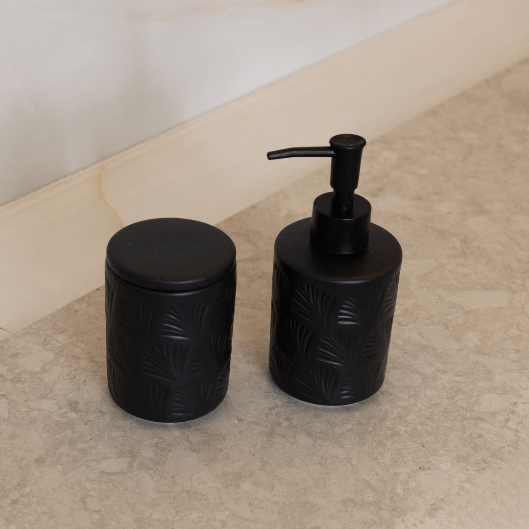 Set de Baño de Cerámica Negra con Diseño de Hojas, 2 Piezas