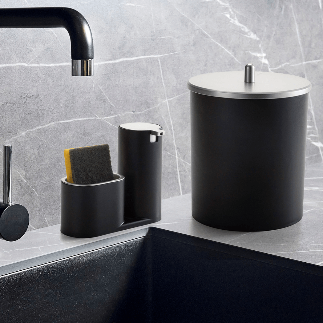 Cubos de basura negros de 5 litros con tapa de acero inoxidable