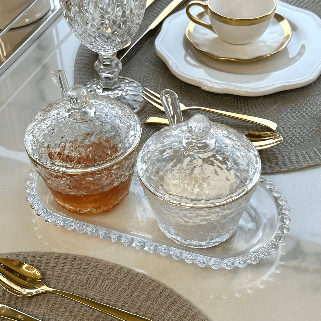 Azucarero de Cristal de Plomo Martillado con Cuchara y Borde Dorado 10cm