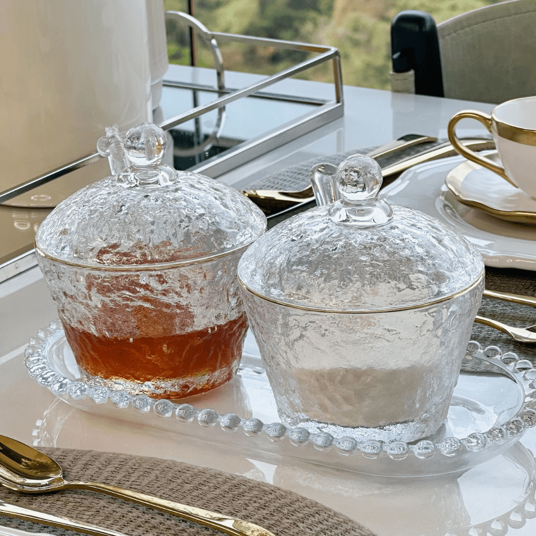 Azucarero de Cristal de Plomo Martillado con Cuchara y Borde Dorado 10cm