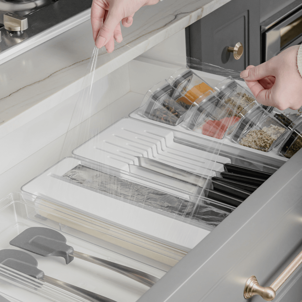 Organizador y Cortador de Rollos Doble Transparente Blanco