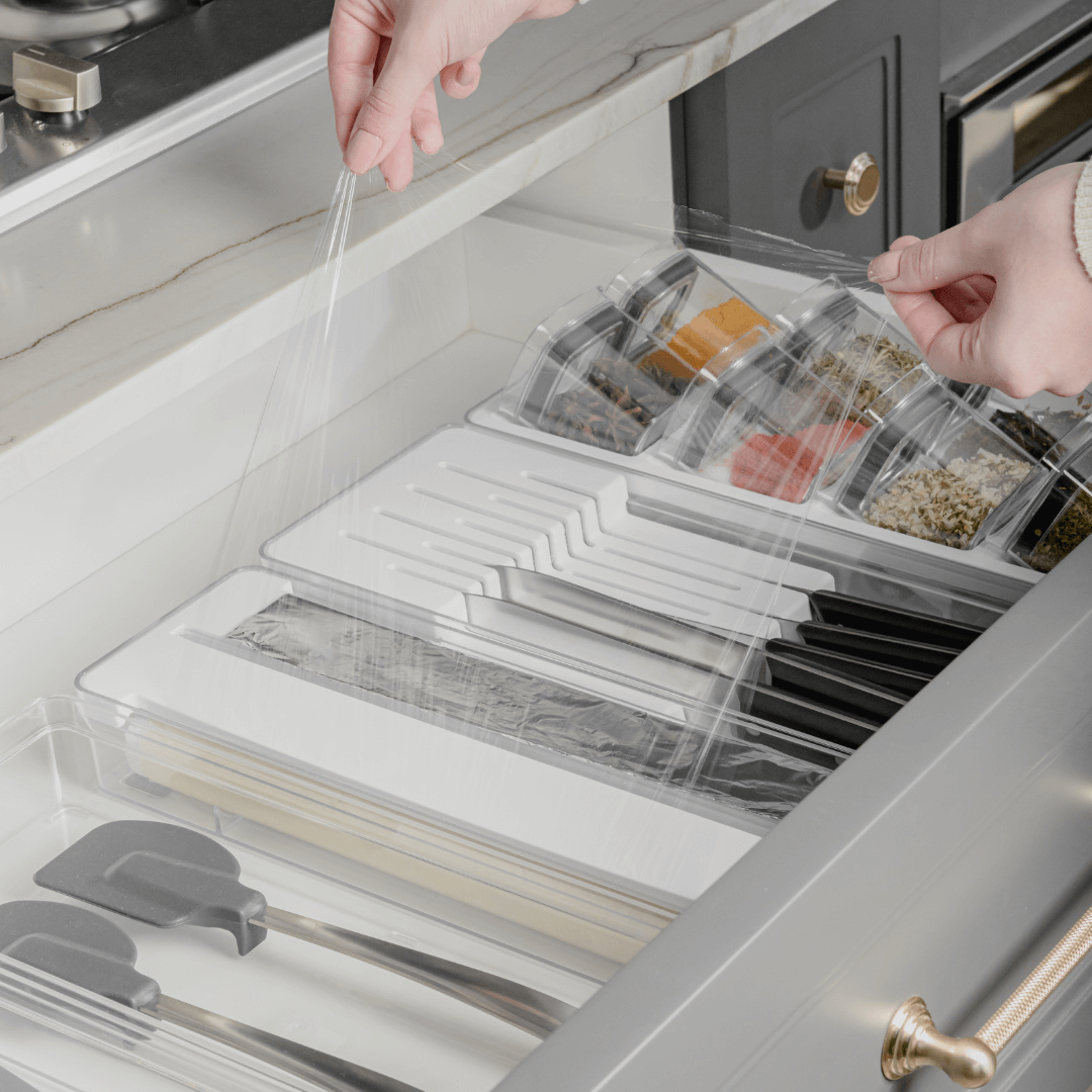 Organizador y Cortador de Rollos Doble Transparente Blanco